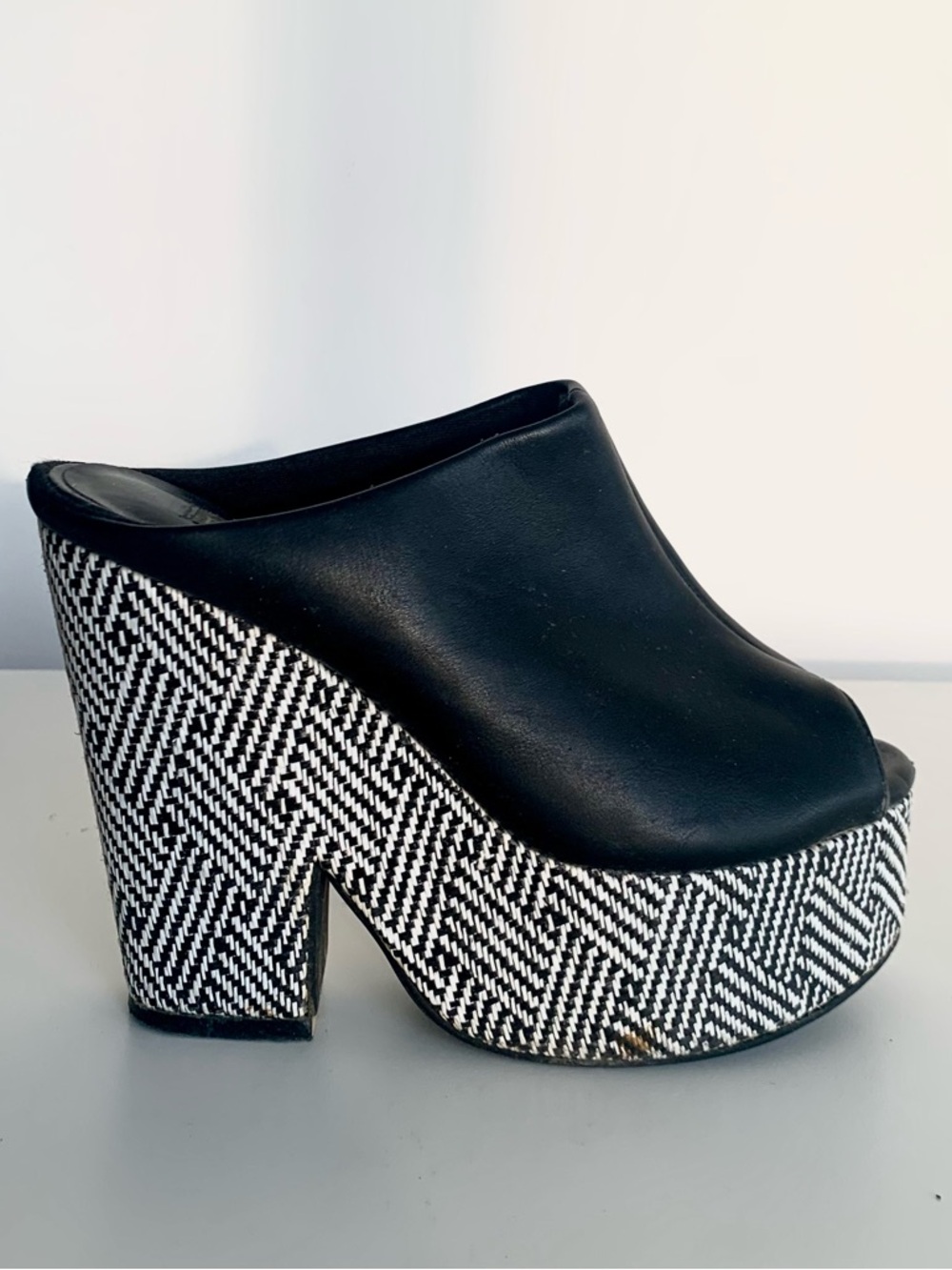 Black Platform Mule with Woven Patterned Heel